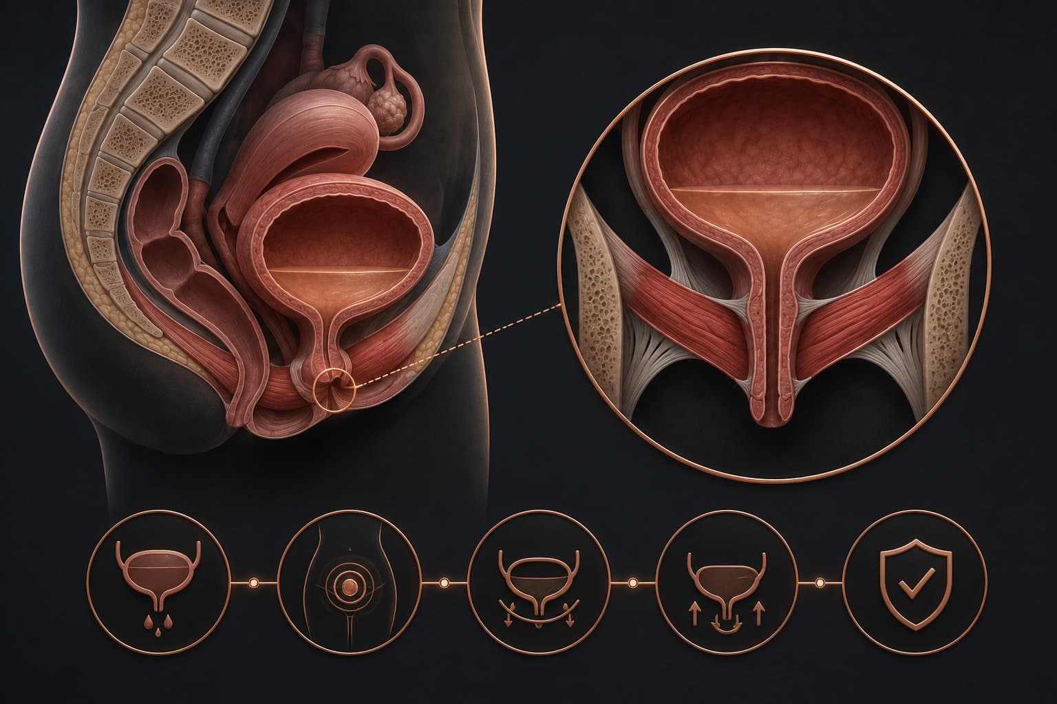 Distúrbios Urinários Femininos — ilustração médica esquemática